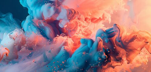 Radiant peach and azure paint splashes forming a captivating interplay of light and color - obrazy, fototapety, plakaty