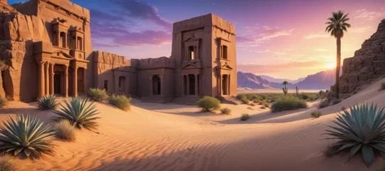 Zelfklevend Fotobehang Ancient town in Desert.  Sand dunes, oasis in desert, palms, beautiful sunset sky. Panoramic landscape background © Amarylle