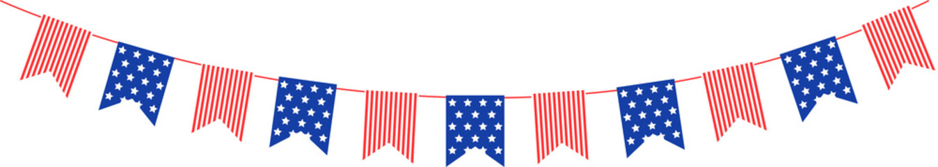 4th of July flag bunting decoration. Independence day garland hanging - obrazy, fototapety, plakaty