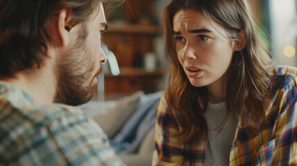 Emotional stressed young couple having argument at home. Portrait of angry irritated man and woman talking and looking at each other with annoyed. Relationship problems, family conflicts - Powered by Adobe