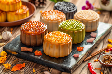 Traditional Chinese  dessert. Homemade baked mooncakes filled with nuts and dried fruits, Chinese...