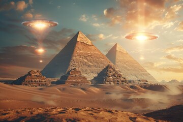 Group of Pyramids With Aliens Flying Above - obrazy, fototapety, plakaty