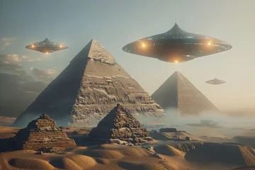 Abwaschbare Fototapete Pyramids in Desert With Aliens Flying © Sky51