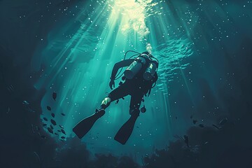 A man wearing a scuba suit is seen swimming underwater, exploring the depths of the ocean. Generative AI