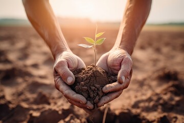 Hands tenderly holding a young plant with soil, with a dry cracked earth backdrop during sunset. Seedling Cradled in Hands Against Drought Background - obrazy, fototapety, plakaty