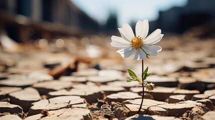 Resilient White Flower Emerging From Ground Crack