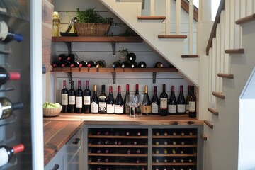 A wooden cabinet with shelves for storing wine bottles stands in the home kitchen