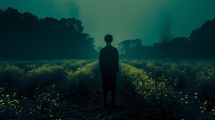 Obraz premium a man standing in the middle of a field with yellow flowers in the foreground and trees in the background.