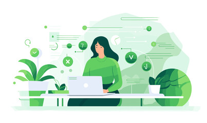 Woman freelancer sitting on a chair behind a desk and working on a laptop in the office, vector illustration in green colors on white background
