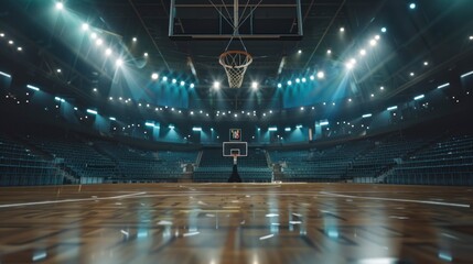large basketball court with stands and lights on with a wooden floor in high resolution and quality - obrazy, fototapety, plakaty