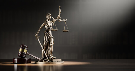 Legal Concept: Themis is the goddess of justice and the judge's gavel hammer as a symbol of law and order on the background of books - 762748707