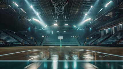 large basketball court with stands and lights on with a wooden floor in high resolution and high quality. sports concept