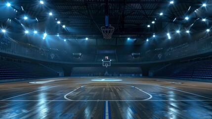 large basketball court with stands and lights on with a wooden floor in high resolution and high quality. concept sports,basketball,athletes - obrazy, fototapety, plakaty