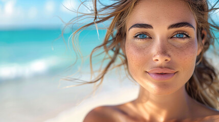Portrait of beautiful young blonde with blue eyes on the beach