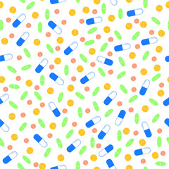 Seamless vector pattern with hand draw tablets and pills. Flat style