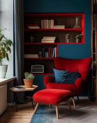 Photo of a modern living room interior with a blue and red wall, shelf and shelves decorated in the style of scandinavian style, cozy home decor