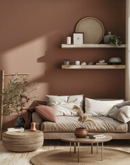 Photo of a modern living room interior with a marron wall, shelf and shelves decorated in the style of scandinavian style, cozy home decor