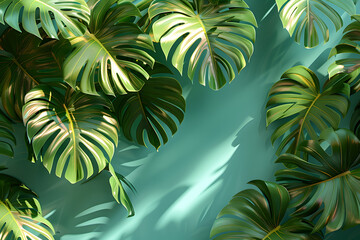 A detailed shot of a tropical plant featuring lush green leaves against a vibrant green background,...