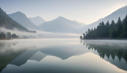 Serene Mist Covered Lake Surrounded By Mountains Upscaled