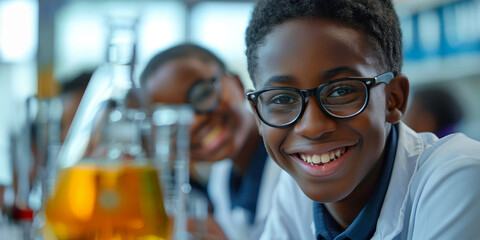 Joyful student in lab coat smiles with pure excitement in a school science lab setting. Generative...
