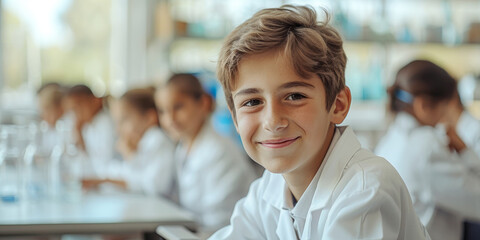 Confident schoolboy with a kind smile sitting in a chemistry lab with peers around. Generative AI. - obrazy, fototapety, plakaty