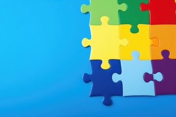 Puzzle pieces in rainbow colors assembled on a bright blue background. Rainbow Puzzle Pieces on Bright Blue