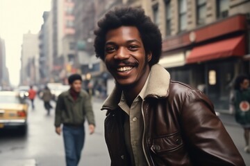 Black man smiling on city street in 1970s