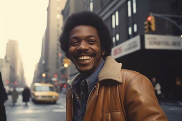 Black man smiling on city street in 1970s