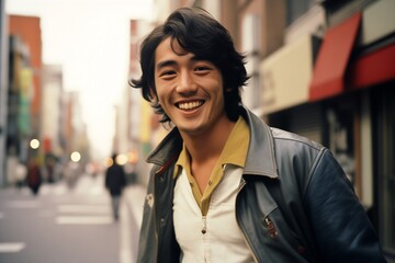 Young Asian man smiling on a city street in 1970s