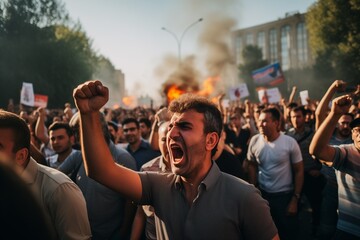 Crowd of people protesting on a street - obrazy, fototapety, plakaty