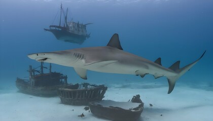 A Hammerhead Shark Swimming Past A Shipwreck Upscaled 8