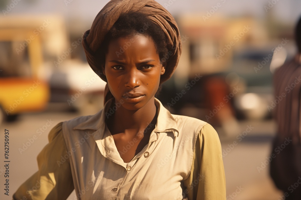 Wall mural Young woman serious face on city street in 1970s