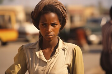 Young woman serious face on city street in 1970s - obrazy, fototapety, plakaty