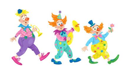 Obraz na płótnie Canvas Three funny clowns follow each other and play musical instruments. Isolated on white background. Vector flat illustration.