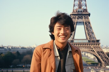 Asian man smiling at Eiffel Tower in Paris in 1970s