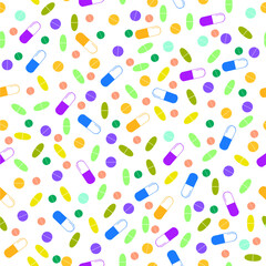 Seamless vector pattern with hand draw tablets and pills. Flat style
