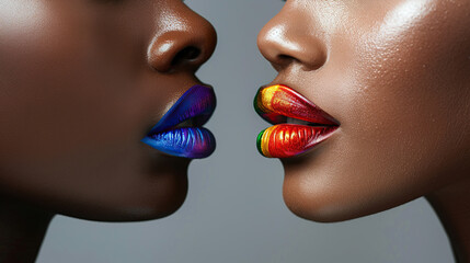 lgbtq concept, two women wearing rainbow color lipstick 