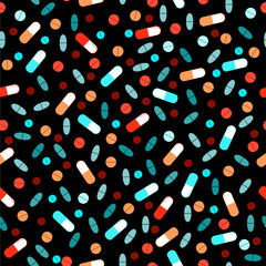 Seamless vector pattern with hand draw tablets and pills. Flat style