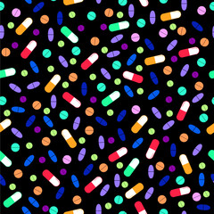 Seamless vector pattern with hand draw tablets and pills. Flat style