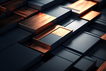 Abstract 3d rendering of black cubes background. Reflective surface pattern.