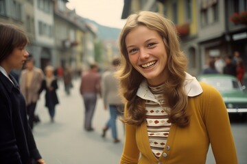 Young woman smiling on city street in 1970s - obrazy, fototapety, plakaty