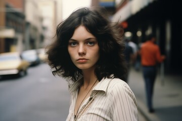Young woman serious face on city street in 1970s