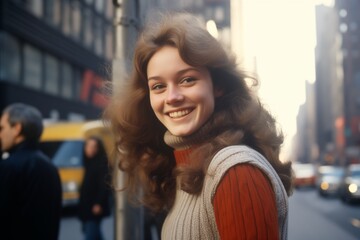 Young woman smiling on city street in 1970s