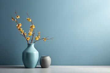 Wooden table with flower pot and vase on green wall background