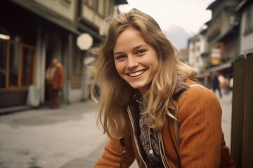 Fototapeta premium Young woman smiling on city street in 1970s
