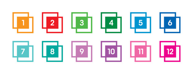 1-12 step numbers concept. 1-12 step numbers in colorful squares on white background. 1-12 step numbers for education, business, technology world