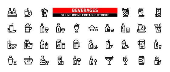 36 Beverage Line Icons Set Pack Editable Stroke Vector Illustration.	 - obrazy, fototapety, plakaty