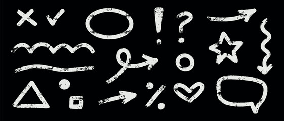 Doodle simple vector element set. Hand drawn crayon star, arrows, heart, wave. Grunge texture brush modern effect isolated on black background.