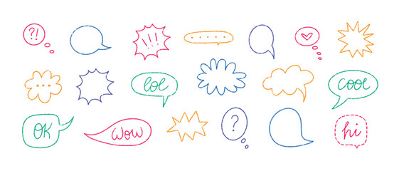 Hand drawn crayon colorful speech bubbles. Vector doodle illustration set.