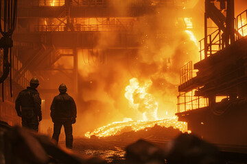 A steel mill in full swing. Molten metal glows brightly in the dimly lit factory, casting an otherworldly glow.